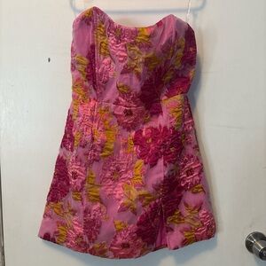 Showpo Pink and Yellow Strapless Mini Dress